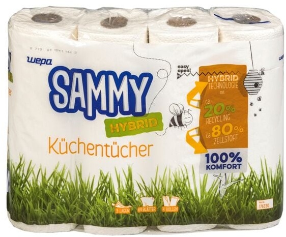 Küchenrolle »cleaner hybrid« 3-lagig, 4 Rollen weiß, wepa Sammy, 26 cm