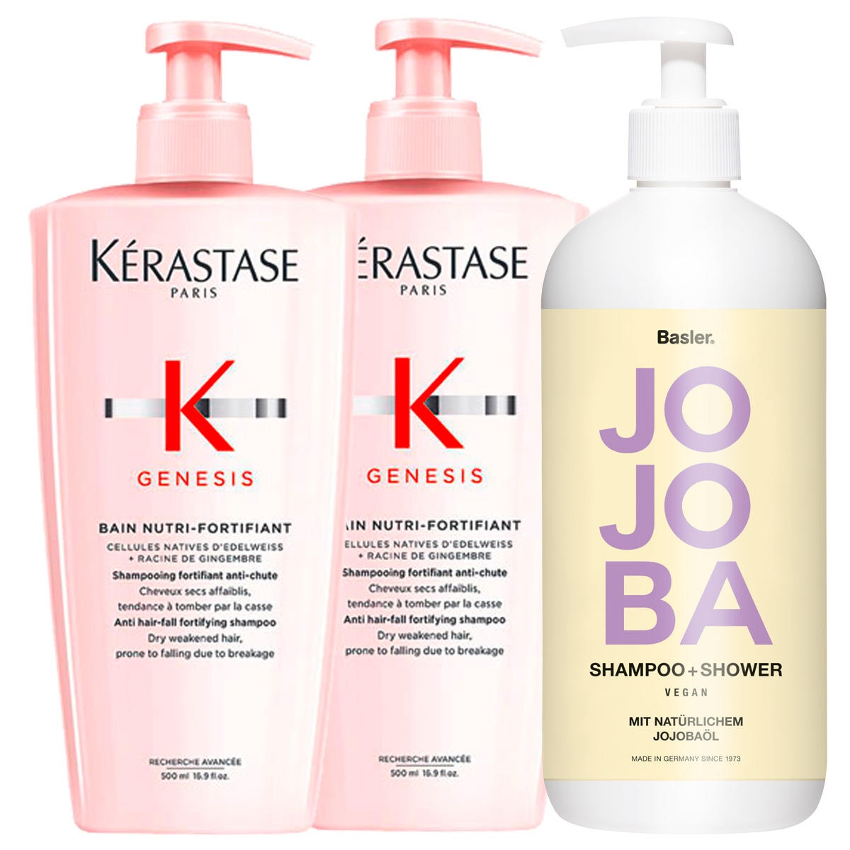Kérastase Genesis Bain Nutri-Fortifiant Bundle 2 x 500 ml + Basler Jojoba Shampoo & Shower 500 ml gratis