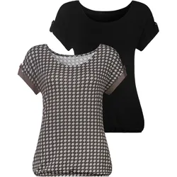T-Shirt, (2er-Pack), mit kleinem Beleg und goldfarbenen Knopf am Ärmelsaum, Gr. 44/46, taupe, schwarz, , 96248633-44