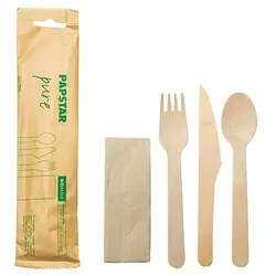 Papstar 30x Besteckset, Holz pure : Messer, Gabel, Löffel, Serviette in Papierbeutel