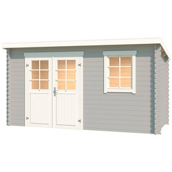 Gartenhaus LASITA MAJA „Amira 175“ Gartenhäuser Gr. ohne Fußboden, Dachpappe, grau (lichtgrau) Gartenhäuser aus Holz Blochbohlenhaus 28mm, Fundamentmass 3800×1750, Lichtgrau