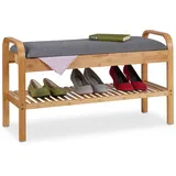 Relaxdays Schuhbank, für 4 Paar Schuhe, HxBxT 50x90x33 cm, weiche Sitzfläche mit Stauraum, Bambus Schuhregal, natur/grau