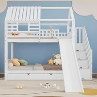 Hausbett Etagenbett 90x200 cm Kinderbett Massivholz & MDF mit Rutsche, Treppe & Schubladen, Kinder-Hochbett inkl. Lattenrost ohne Matratze Weiß - Weiß