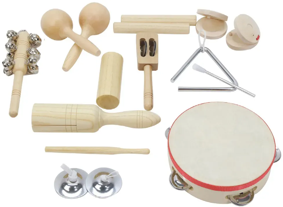 Percussion-Set mit 11 Instrumenten aus Holz, Tragetasche, bunt - Beleduc - Rhythmik, Musikpädagogik geeignet