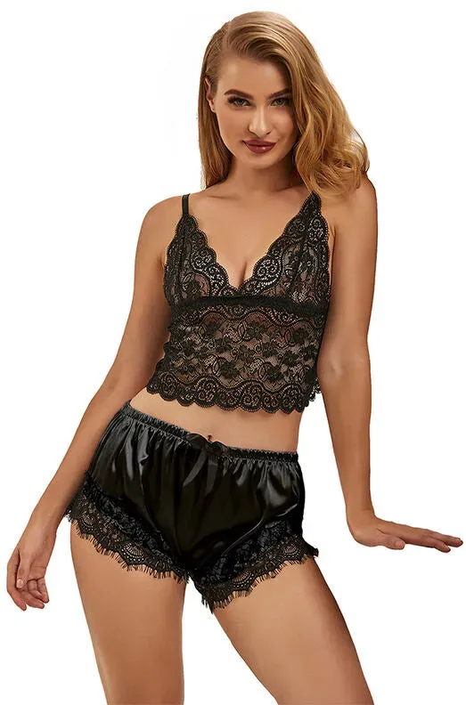 SUBBLIME  Lässiges Seiden-Nachthemd + Spitzenhose Schwarz L/XL