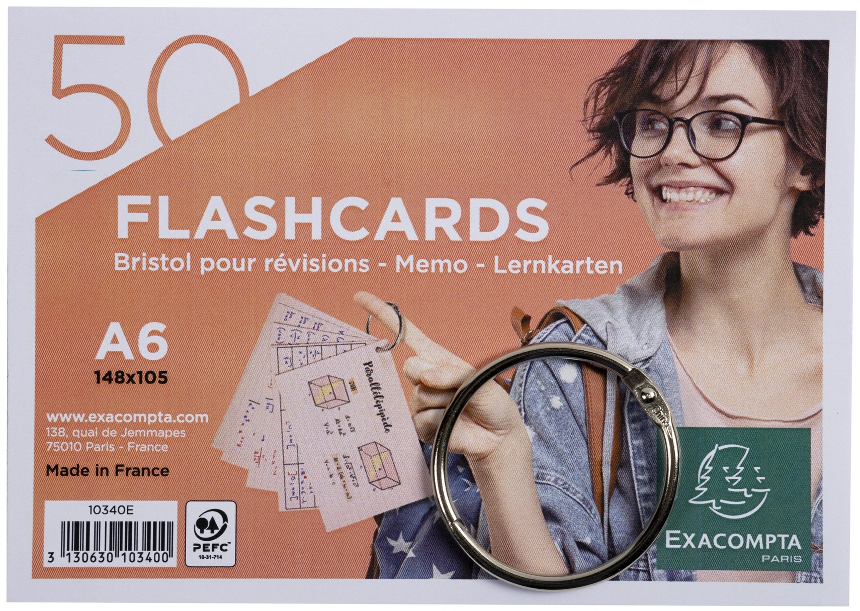Exacompta 10340E 19x Exacompta, Packung mit 50 Flashcards/Lernkarten und einem Ring, eingeschweißt, liniert, A6 - Farben sortiert