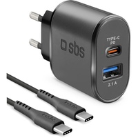 SBS 18W Fast Charge Travel Charger für iPhone, Samsung, Oppo, Xiaomi, Ladekit mit Power Delivery Ladegerät und USB-C auf USB-C Kabel, schwarz (18 Watt