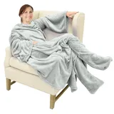 Catalonia Classy Decke mit Ärmeln und Fußtasche Geschenk für Frauen Herren, Flauschig Fleece Tragbare Kuscheldecke mit Ärmeln, Warm Decke zum Anziehen Ärmeldecke Erwachsene, Hellgrau