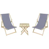 2 x Liegestuhl + Beistelltisch Strandliege Holz Sonnenliege Gartenliege Gartentisch Grau - Grau