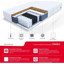 Fdm Family Taschenfederkernmatratze 120 x 200 cm Matratze 7-Zonen Kokos 18 cm Höhe Härtegrad H4/H3 (Hart/Mittelhart) Bezug Zweiseitig Abnehmbar Waschbar