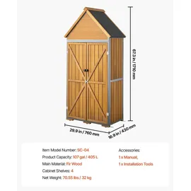 Vevor Gartenschrank Holz, Geräteschrank mit Abschließbaren Türen, Gerätehaus mit Regalen & Boden, Geräteschuppen, Gartengerätehaus, Werkzeugschrank für Terrasse, Garten / Rasen, 76x43x171 cm