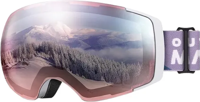OutdoorMaster PRO Skibrille PRO für Herren & Damen – Weißes Gestell, hellrosarote Linse mit Silber VLT 15%