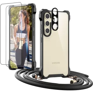 GUtttGU Handykette für S24 Plus Hülle mit Band mit 2 Displaychutzfolie 2 Kameraschutz Transparent Handyhülle Samsung 24 Plus Kompatibel mit Schutzhülle für Samsung Galaxy S24 Plus Schwarz