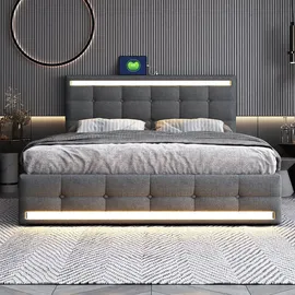XDOVET Polsterbett mit Schubladen USB-Ladestationen und LED-Kopfteil-Fußteil Doppelbett Erwachsenenbett Stauraumbett 140*200cm Grau - Grau