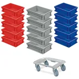 BRB-Lagertechnik BRB 15er Spar-Set Euro-Behälter Plus Transportroller, 400x300x120 mm in 3 Farben Industriequalität lebensmittelecht