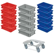 BRB-Lagertechnik BRB 15er Spar-Set Euro-Behälter Plus Transportroller, 400x300x120 mm in 3 Farben Industriequalität lebensmittelecht