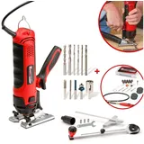 Best Direct® Multifunktionssäge Turbothrust® SAW, Spar Set, 15-St., Einzeln oder mit Mini Schleifer, Präzisionssäge und Bohrmaschine, mit 550 Watt und Staubsauger Adapter rot