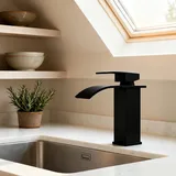 UISEBRT Wasserfall Wasserhahn Bad, Schwarz Waschtischarmatur Einhandmischer Armatur Waschbecken mit Auslauf Höhe 100 MM, Mit Warm und Kalt Wasser für Badezimmer Spül Küche Spülbecken,TYP E