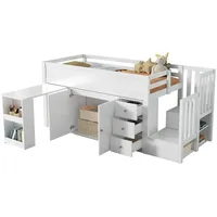 OKWISH Hochbett Etagenbett sicher mit Geländern (Etagenbett, Kinderbett, Hochbett, 1-St., Mit Seitlichem Ablagefach, Schublade, Treppenschrank) Ausziehbarem Schreibtisch
