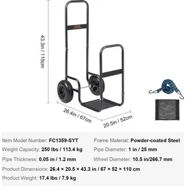 Vevor Kaminholzwagen Pulverbeschichteter Stahl 67 x 52 x 110 cm inkl. Bungee-Seil Bodennetz