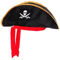 Alsino Dreispitz Piraten Hut für Erwachsene mit rotem Band & Totenkopf Emblem (Ph-03) - Farbe: schwarz Gold, One Size Größe