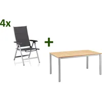 KETTLER Granada/Basic Plus Sitzgruppe, silber/anthrazit, Alu/Teak, Teaktisch 160x95 cm,  4 Multipositionssessel, klappbar