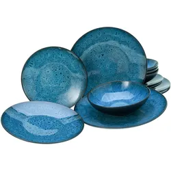 Teller-Set CREATABLE "Capri, Tellerset 12-tlg", blau, 12 tlg., Steinzeug, Geschirr-Sets, Reaktivglasur