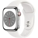 Apple Watch Series 8 GPS + Cellular 41 mm Edelstahlgehäuse silber, Sportarmband weiß