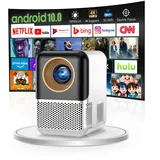 【Fernbedienung Fokus】 Mini Beamer 1080P Android 10.0 Wandprojektor mit Lautsprecher, Netflix, Auto-Fokus 2+16GB TV Beamer Bluetooth