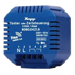 Kopp 808004219 Funk-Empfänger: 5-Draht/1-Kanal, Funktion wählbar: Taster oder Zeitsteuerung, potentialfreier Schaltkontakt, max. 3600W, Farbe: blau
