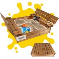 Lemodo Sandkasten Holz 115x114cm mit Abdeckung und Sitzbänken braun
