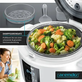 Arendo Reiskocher mit 5 Programmen, 350W, 2 Liter, Timer- und Warmhaltefunktion, BPA-frei, inkl. Messbecher & Reislöffel, Weiß/Silber