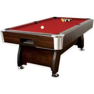 GAMES PLANET 7 ft Billardtisch Premium“ + Zubehör, 9 Farbvarianten, 214x122x82 cm (LxBxH), Dunkles Holzdekor, rotes Tuch
