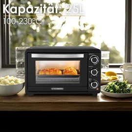 Steinborg Mini Backofen 25 Liter | 60 Min Timer | 100-230°C | 1500 Watt | Ober-/Unterhitze | Umluft | Grillrost, Backblech, Krümelblech