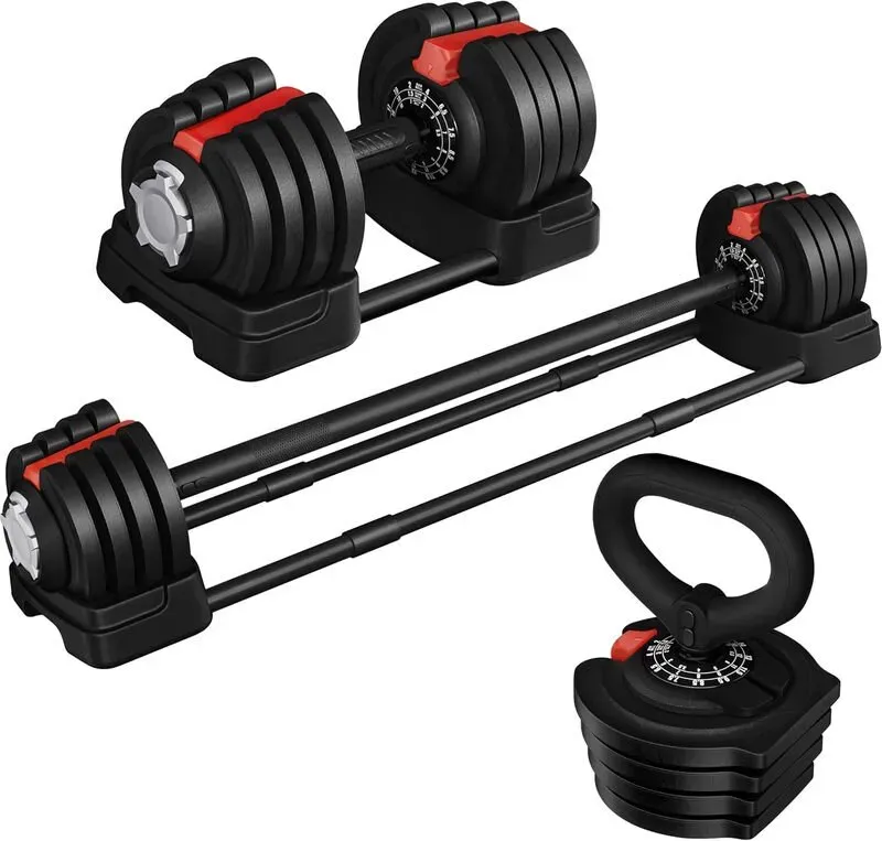 Yaheetech 3-in-1 Schnellverstellbare Hantelsatz, 1,5-18 KG Freie Gewichte mit 12 verstellbaren Gewichten, Kombination aus Hantel, Langhantel und Kettlebell, Gewichthebesatz mit rutschfestem Griff für das Heimtrainingsstudio zum ganzen Körper Krafttraining, Schwarz & Rot