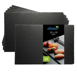 eGenuss Schieferplatten 6er-Set – Servierplatten aus Naturschiefer, schwarze Dessertteller & Sushi-Teller Gastronomie Catering – rechteckig 30x20 cm