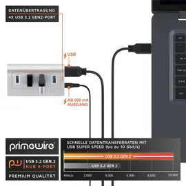 Primewire - USB 3.2 Gen2 Hub aktiv inkl. Netzteil - 4 Port Hub/Verteiler – für Notebook, Laptop, PC, kompatibel mit iMac, MacBook (Air, Pro, Mini)