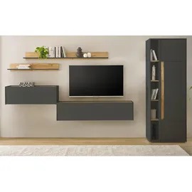 furn.design Wohnwand, Grau, Eiche Wotan, Holzwerkstoff, Nachbildung,Eiche, Uni, Holz Optik, 6 Fächer, 340x200x40 cm, Wohnzimmer, Wohnwände, Wohnwand-Sets