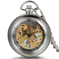 JewelryWe Taschenuhr Skelett mechanisch transparent römischen Ziffern Anhänger Halskette Legierung für Herren Damen Kette Länge 38 cm