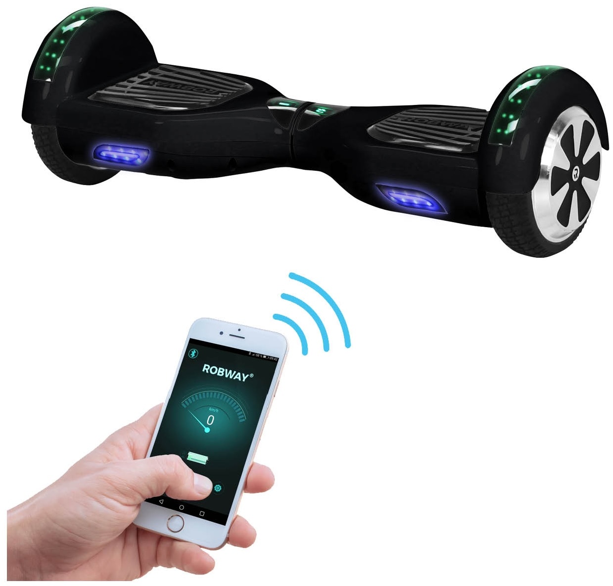 ROBWAY W1 Hoverboard für Erwachsene und Kinder, 6,5 Zoll, Self-Balance, Bluetooth, App, 700 Watt, LEDs (Schwarz)