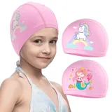 2 Stück Badekappe Mädchen, Badekappe Kinder im Alter von 2–10 Jahren, PU Beschichtet wasserdichte Schwimmhaube für mädchen Lange Haare Kinder