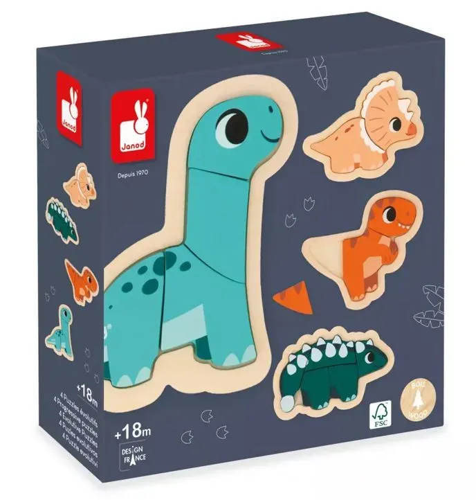 JANOD Holzpuzzles Dinosaurier – Lernspielzeug für Kleinkinder ab 18 Monaten mit wachsendem Schwierigkeitsgrad