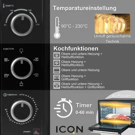 ICQN 50L Minibackofen mit Umluft, 1800 W, Innenbeleuchtung, 5 Kochfunktionen, 60 Min Timer, inkl. Backblech Set, Mini-Öfen