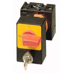 Eaton 050971 Panikschalter, P1, 32 A, Einbau, 3-polig, mit rotem Knebel und gelbem Frontschild, Zylinderschloss-Sperre SVA P1-32/E/SVA(S)-RT