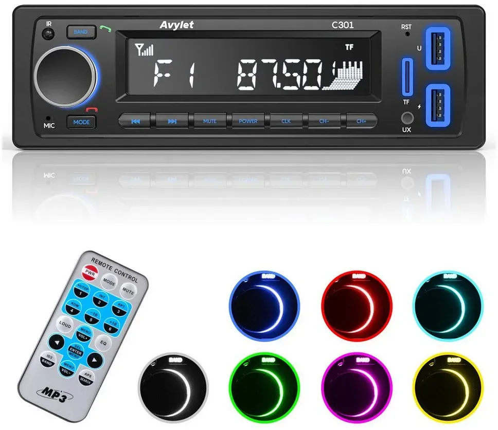 Avylet 1 Din Autoradio Bluetooth mit Freisprecheinrichtung,7 Farben FM/USB Autoradio (Autoradio 1 Din mit 2 USB/AUX/SD Karte/MP3-Player, Kompatibel mit Smartphone,Bluetooth,Auxiliary,USB,Drucktaste) schwarz