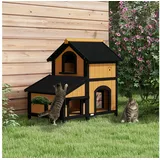 furnicato Katzenhaus Outdoor-Gelb 96L x 65B x 85,5H cm, Wetterfestes Katzenhaus mit Asphaltdach und integriertem Blumenkasten gelb