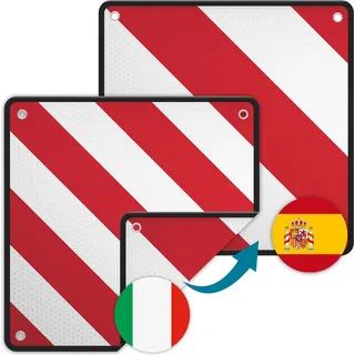 Wiltec 2in1 rot weiße Warntafel Spanien und Italien aus Aluminium mit Befestigungslöchern 500x500 mm reflektierend Warnschild für Fahrradträger und