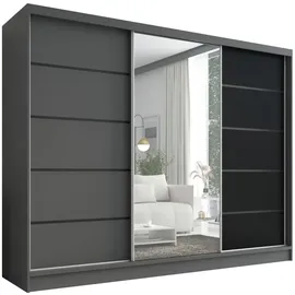mebloland Schwebetürenschrank, 3-türig Schrank 200 cm mit Spiegel AURELIA 2 (Graphit | Graphit | Schwarz) - Grau/Schwarz