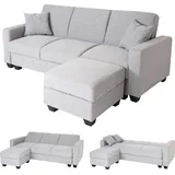 Mendler Sofa HWC-H47 mit Ottomane Couch Sofa Gästebett Schlaffunktion Stauraum 217x145cm Stoff/Textil hellgrau