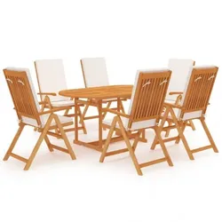 vidaXL Garten-Essgruppe Massivholz Teak Garten Holz 1 : Größe - 7-tlg., Polster-Farbe - Cremeweiß